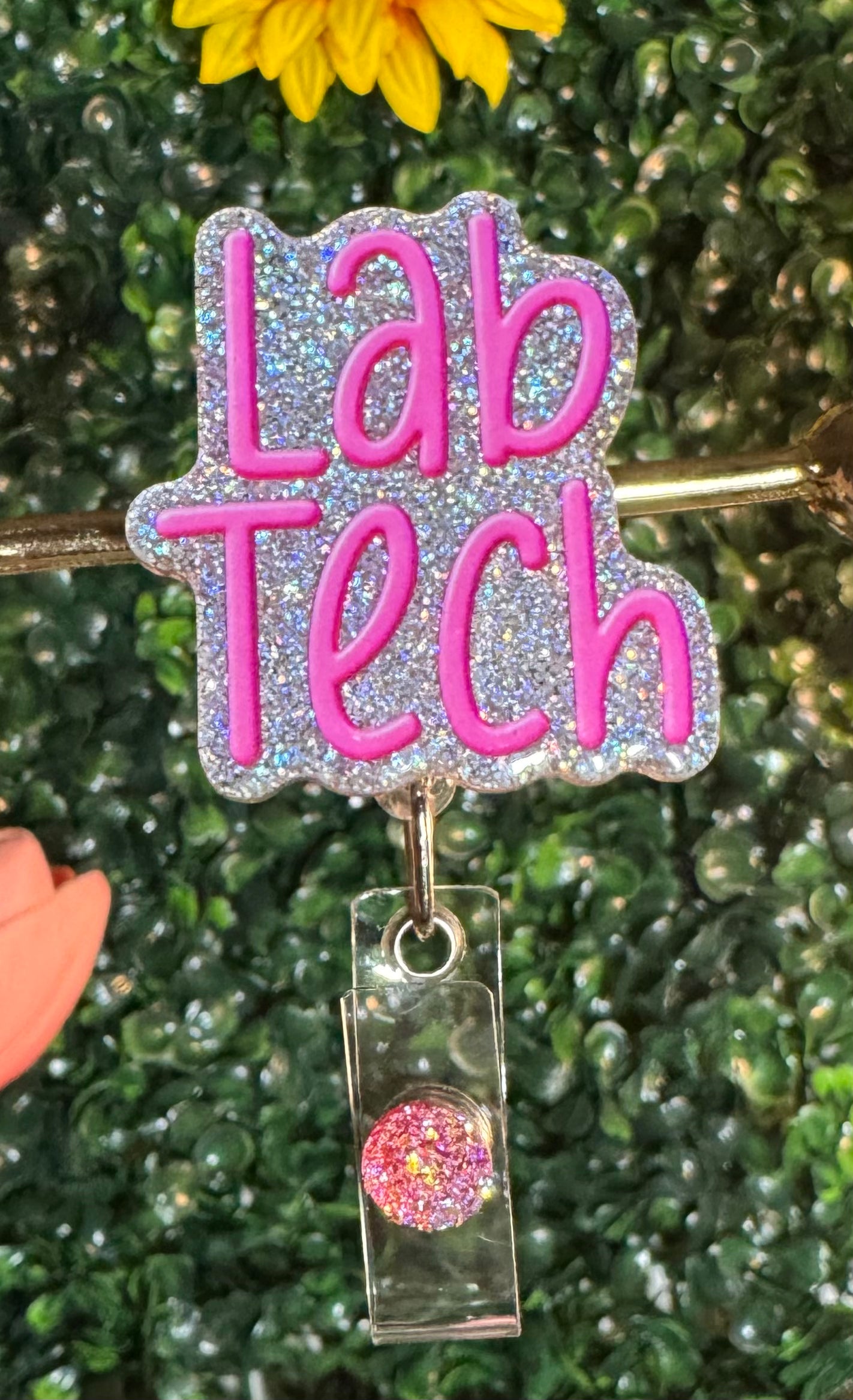 Lab Tech Badge Reel β Pink Text on Silver Glitter β¨