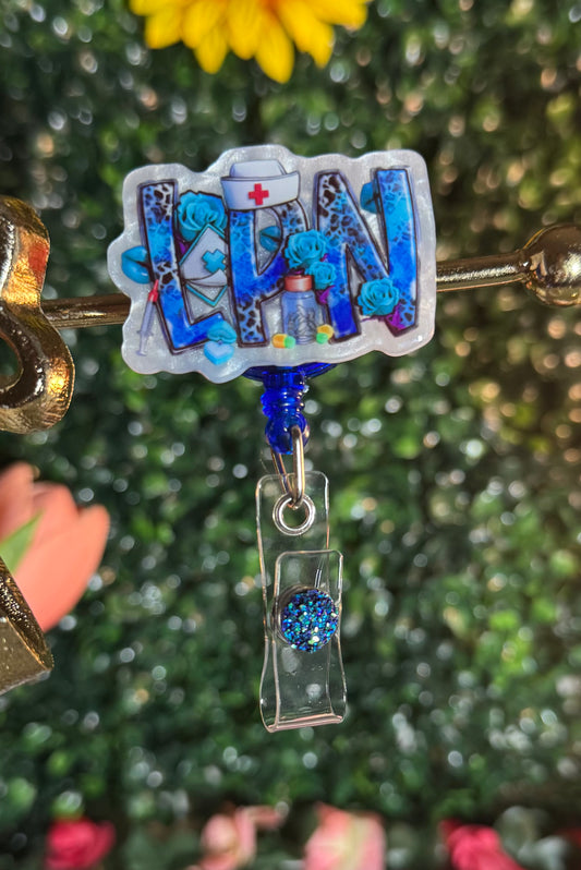 LPN Badge Reel – Blue Leopard & Roses | Nursing Badge Holder ✨