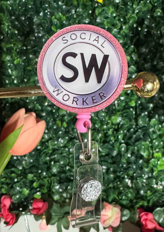 Social Worker Badge Reel – Pink Glitter | SW Badge Holder ✨