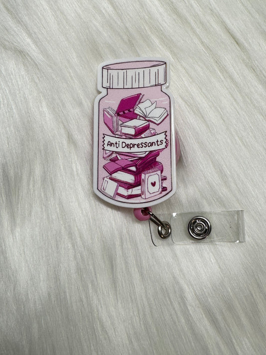📚 “Anti-Depressants” Book Jar Badge Reel – Pink Edition